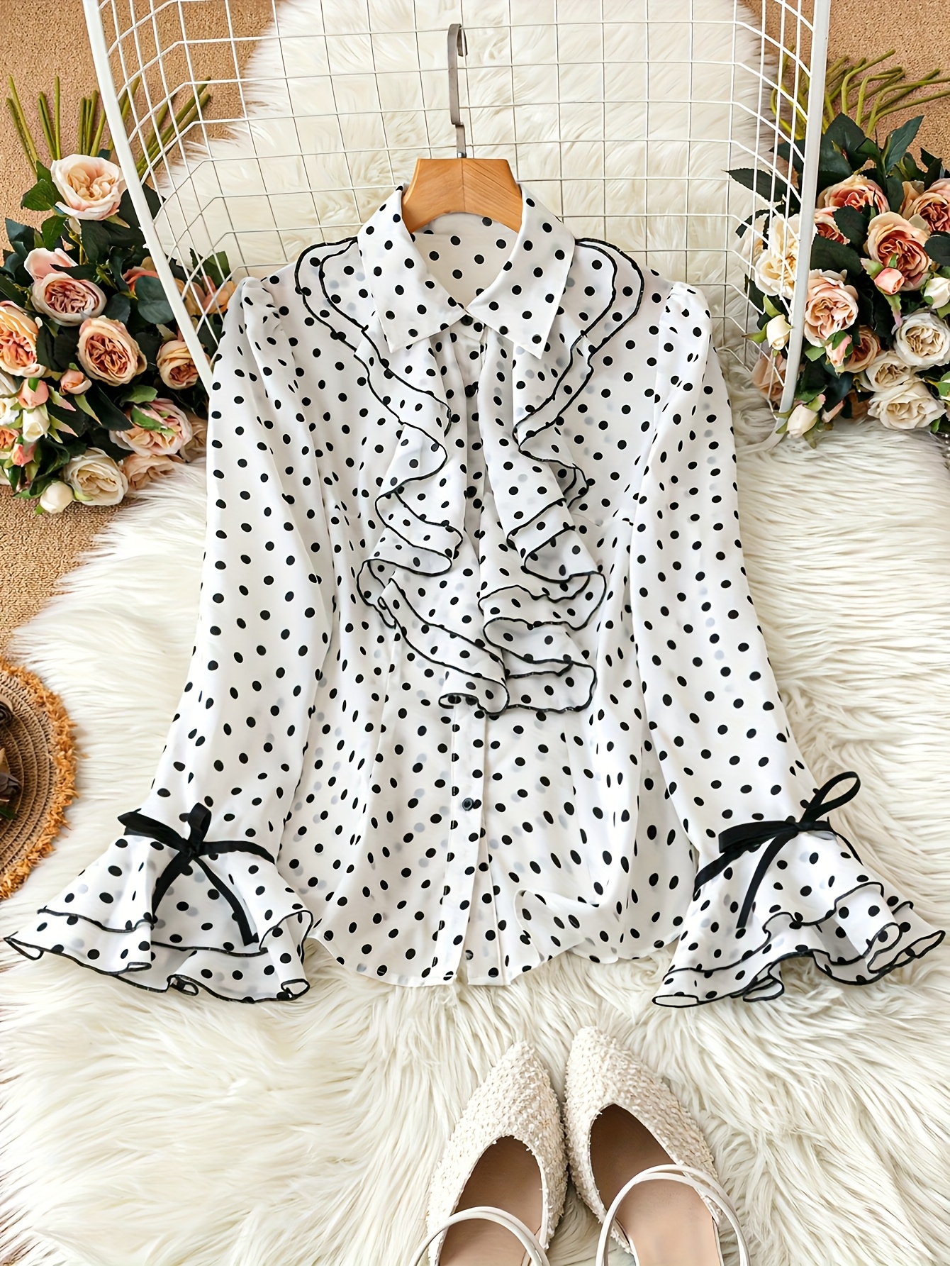 Elegant Black White Polka Dot Blouse with Lace Trim, Ruffle Collar Wide  Sleeves Spring/Summer/Fall, Women'S Fashion, Casual to Formal Wear