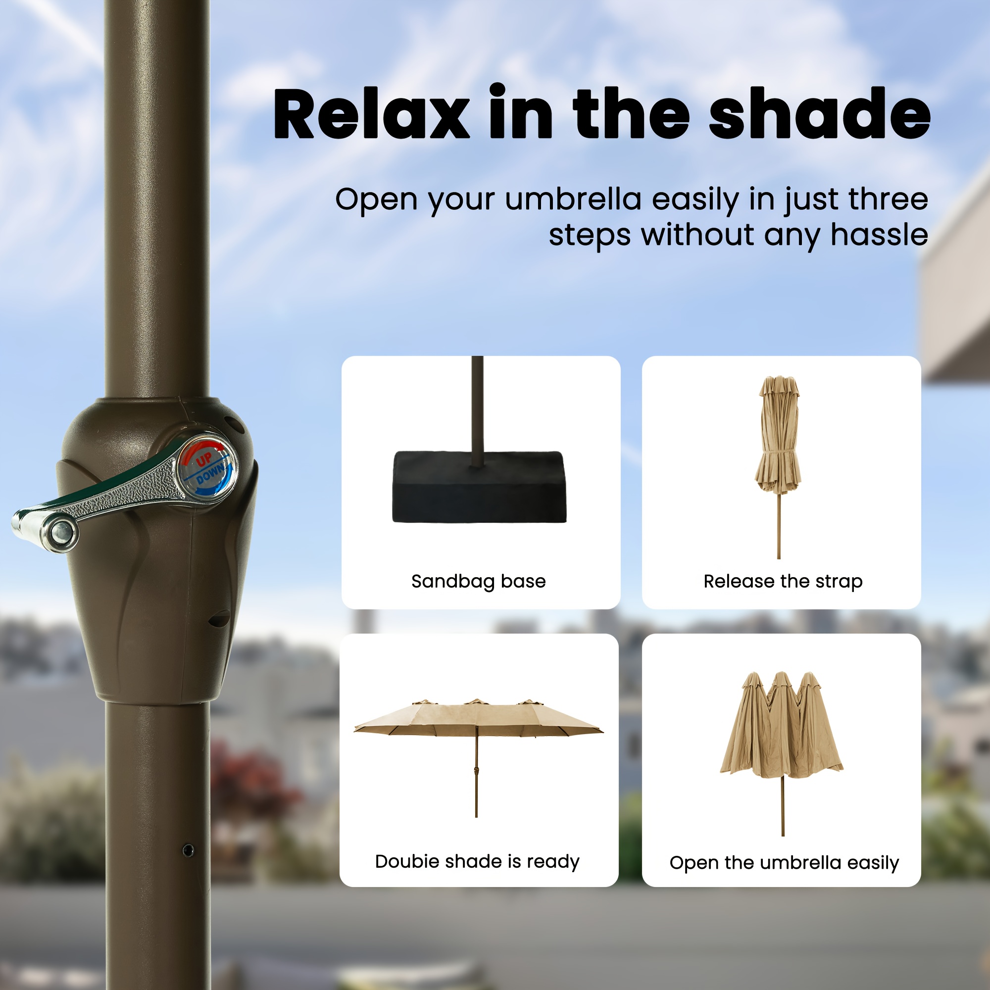 15-foot Long Rectangular Large Outdoor Patio Umbrella, Includes Base, Double Table Umbrella With A Crank Handle, Market Umbrella - UV Resistant, Heavy-duty Pool Umbrella, Suitable For Lawns, Backyards, And Gardens.