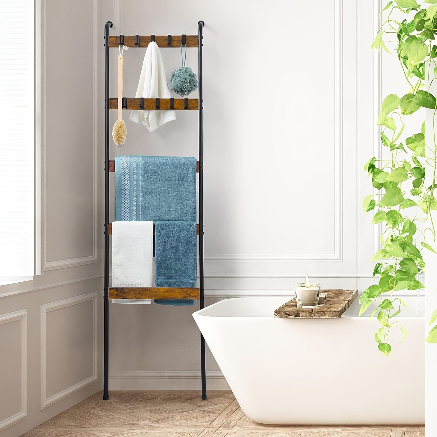 TEMU Space-saving 5-tier Towel Rack With 10 Detachable Hooks - Easy-to-install, Wall-mounted Blanket And Towel Organizer In Black Metal - Anti-slip, Farmhouse Style For Bathroom & Living Room Decor