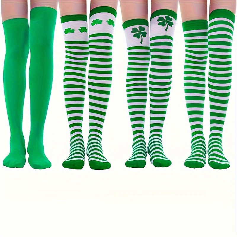 St. Patrick's Day Thigh High Stockings Clover Striped Knee - Temu