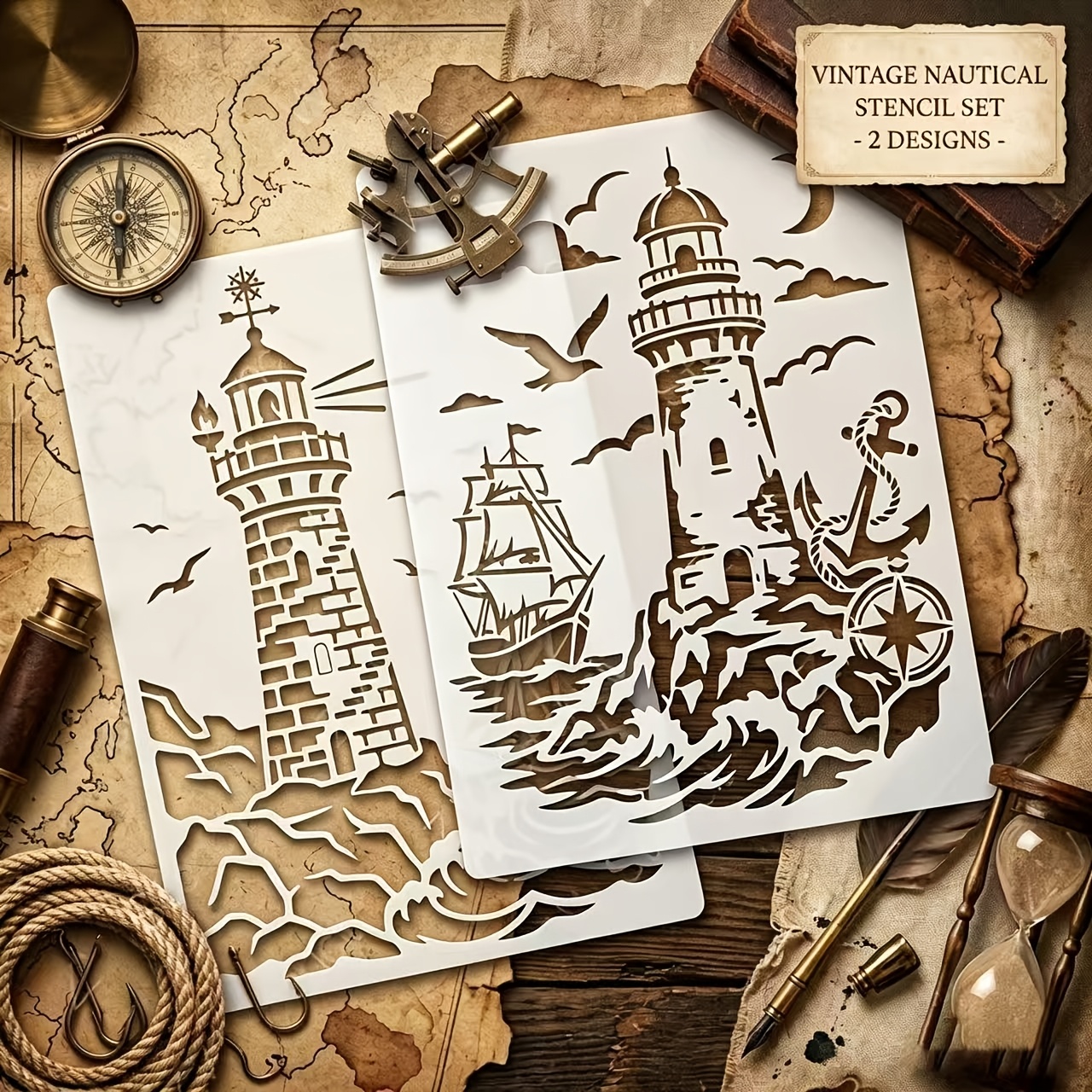 TEMU 2pcs Reusable Stencils Suitable For Crafts - Ocean Templates With Lighthouse, Ship, Anchor And Patterns For Wall Art, Scrapbooking, Journaling,