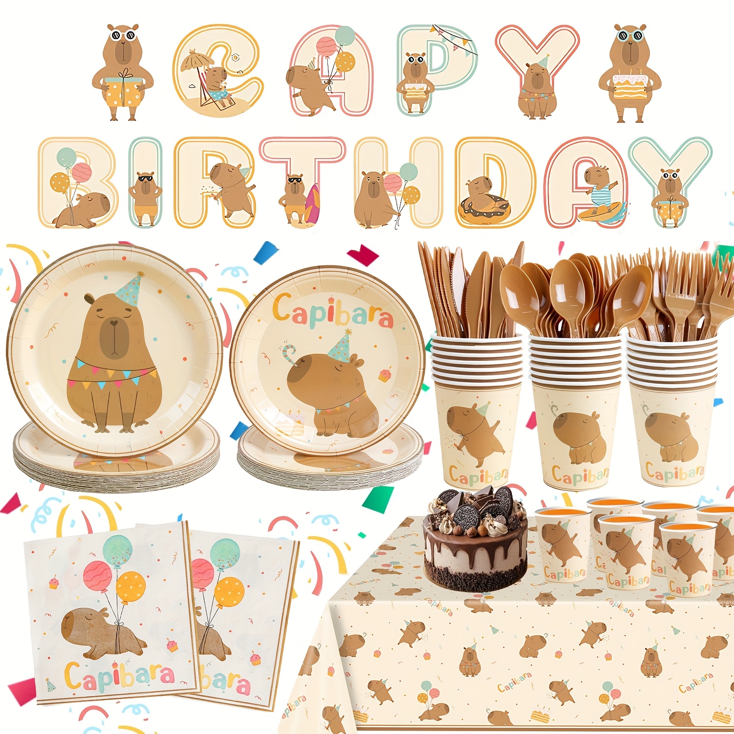 TEMU 170pcs Capybara Birthday Party Decorations & Tableware Set - Thickened Paper Plates, Cups, Napkins, Utensils, Banner Flags, Tablecloth Included Serves 24 Guests