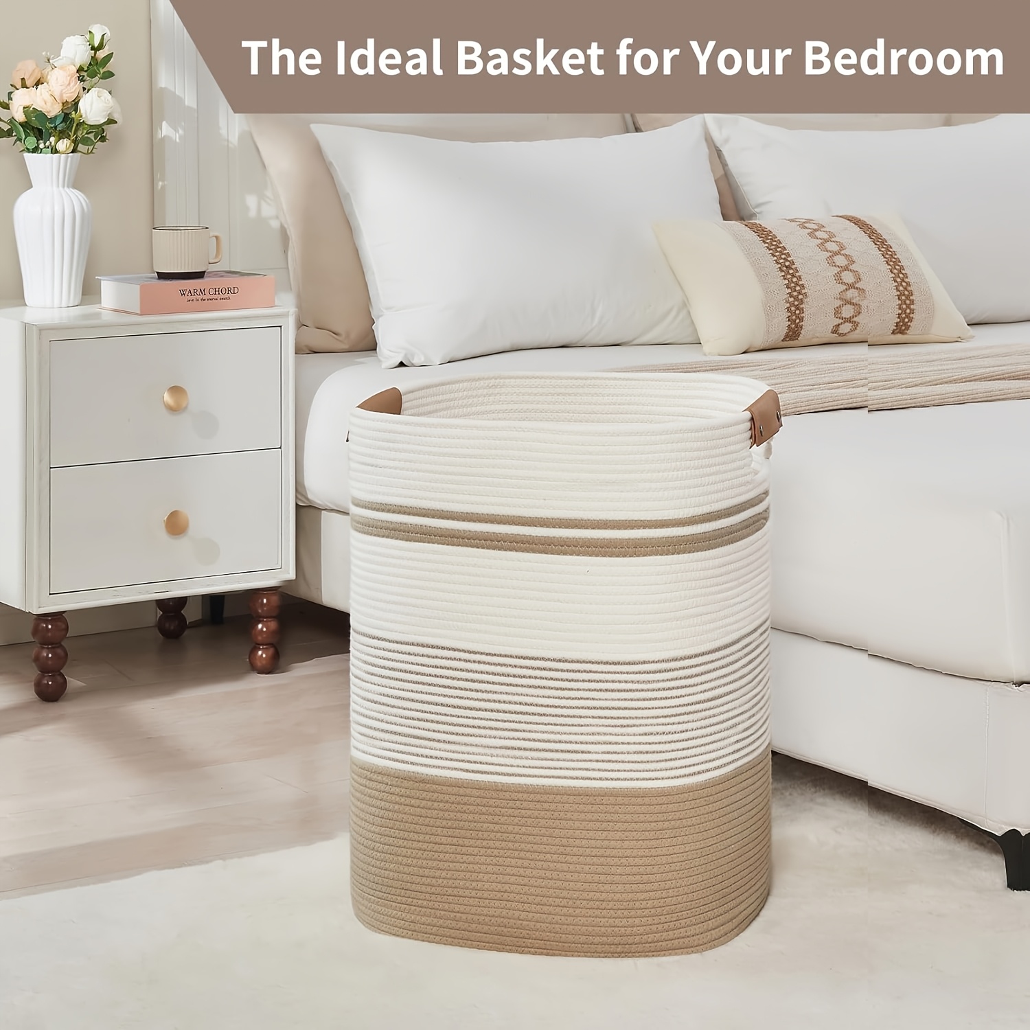 Laundry Basket with Handles - Blanket Basket & Hampers for Bedroom Aesthetic, Laundry Hamper & Blanket Storage for Living Room, Clothes Hamper, Tall, Large Light Brown & White, Shelf Baskets