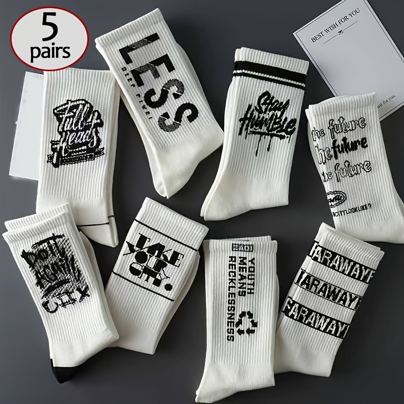 E-shop Zufällige 5 Paar/10 Paar Herren Trendige Druck Mid-Calf Socken, Weich und Bequem, Geeignet für Laufen, Basketball, Wandern und Verschiedene