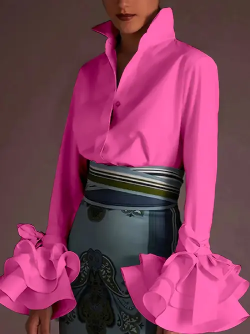 solid color lapel neck blouse vintage button front bow decor flared sleeve blouse for womens clothing