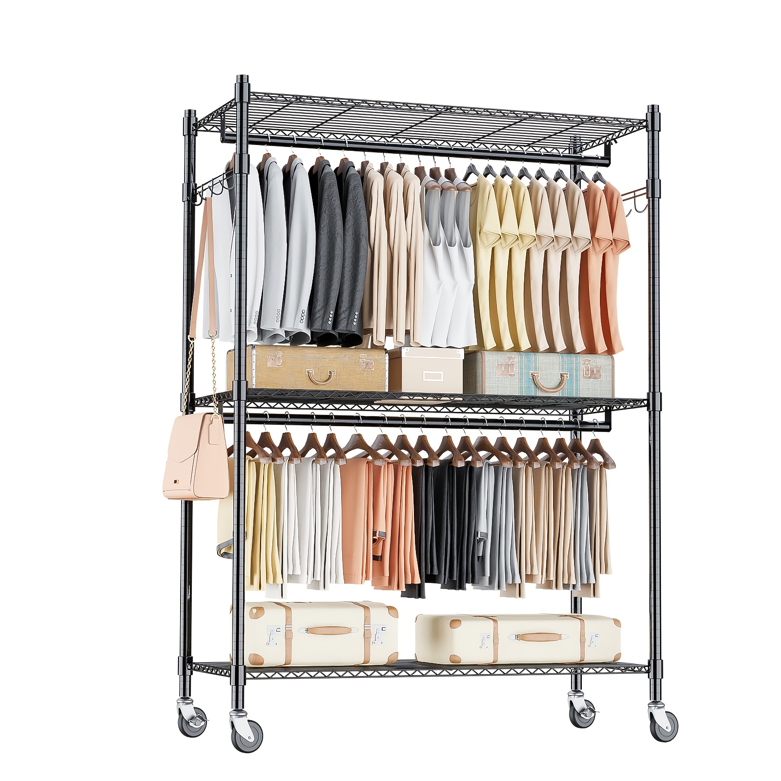 E-shop Kleiderständer, robuste Metall-Kleiderstange mit Rollen, rollender, tragbarer Schrank-Organizer, 3-stöckige, massive Stahlregale, doppelte