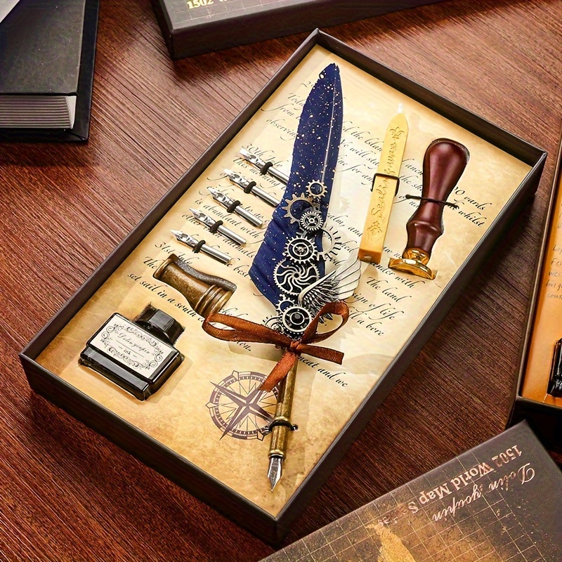 1 ensemble de plumes artificielles, stylo mécanique vintage à engrenages, avec impression cire, base en laiton, et expérience d'écriture rétro authentique avec trempage d'encre artistique