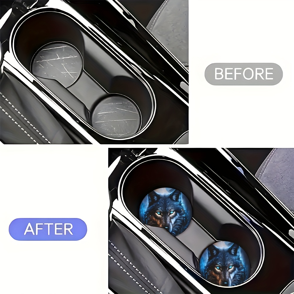 2pcs of Blue Flame Wolf King Patterned Absorbent Car Cup Holders And Coasters
