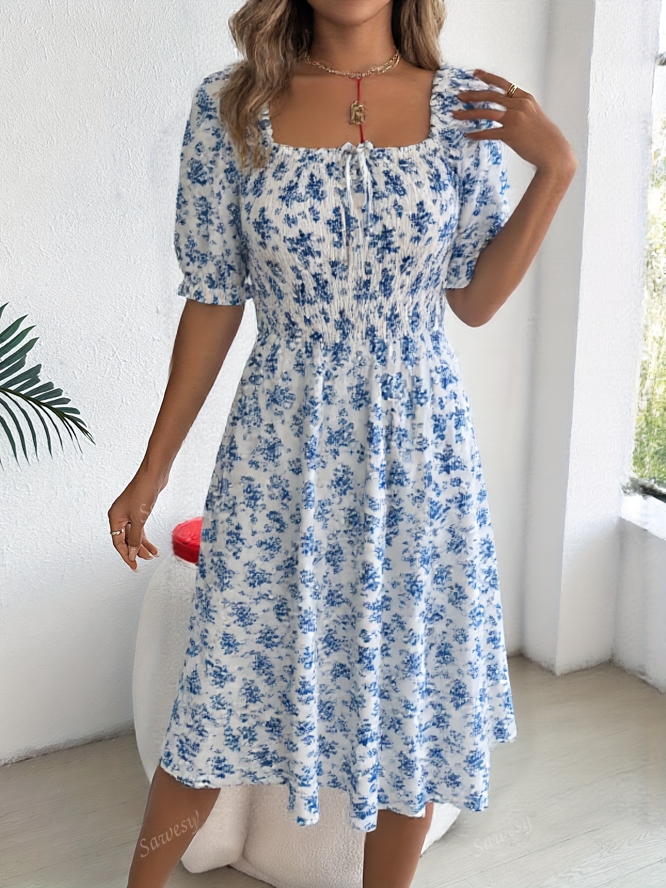 women's european & american lace-up cinched waist dress - blue floral  print, a-line flared hem, long puff sleeves, machine washable spring/summer  casual dress, lace up dress, summer outfit, nontransparent fabric - women's