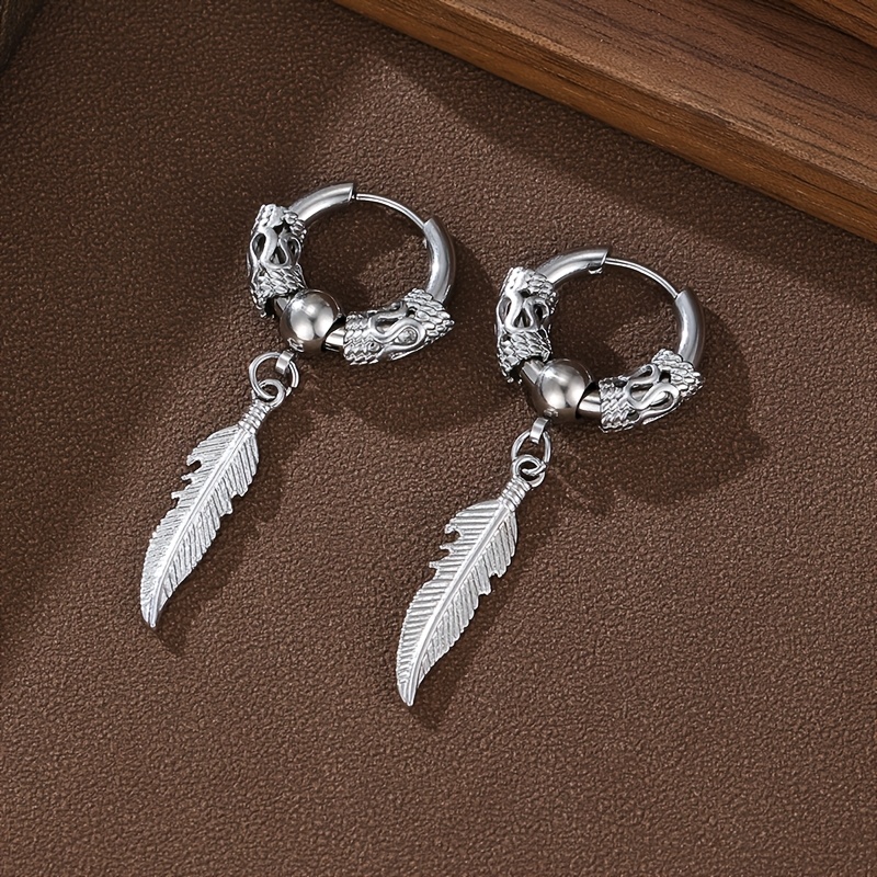 TEMU 2pcs Fashion Domineering Dragon Pattern Feather Pendant Ear Studs, Men's Additions, Western Denim Earrings, Gothic Men's Earpins