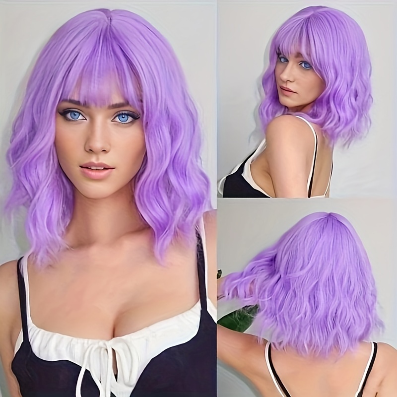 Short Purple Grey Two Color Mix Synthetic Women Wavy Curly Temu