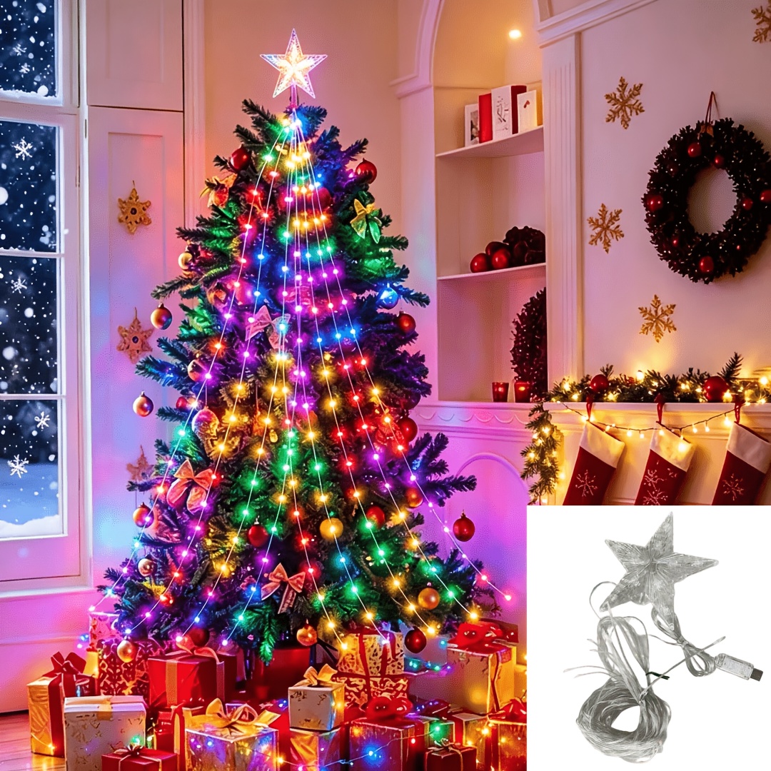 TEMU 1pc 192 Led Indoor Christmas String Lights, 9 Strands 2m Waterfall Tree Lights, Usb Powered Star Fairy Lights, 8 Modes, For Garden, Patio, Home,