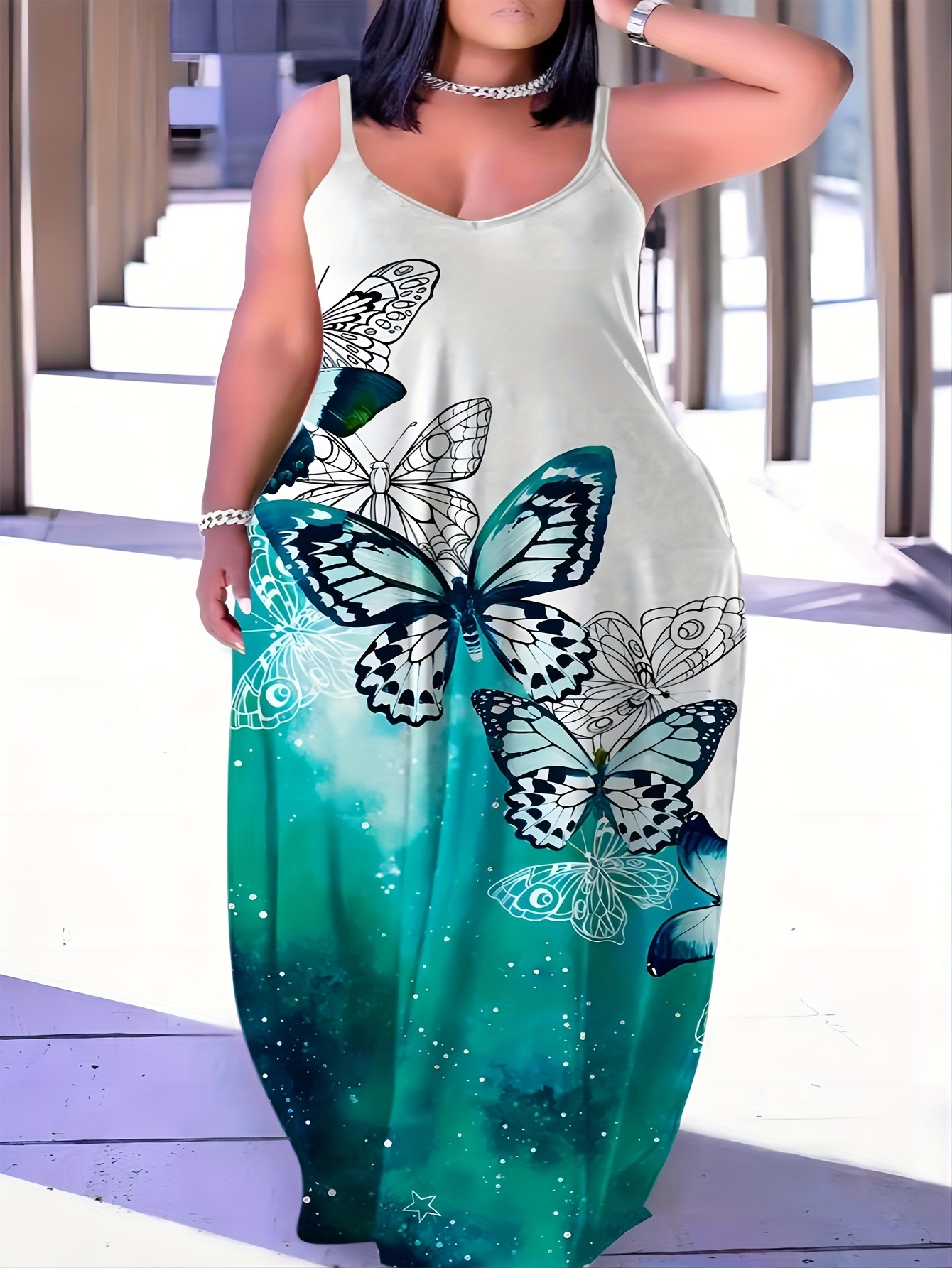 Dropship Plus Size Butterfly Print Short Sleeve Cami Dress