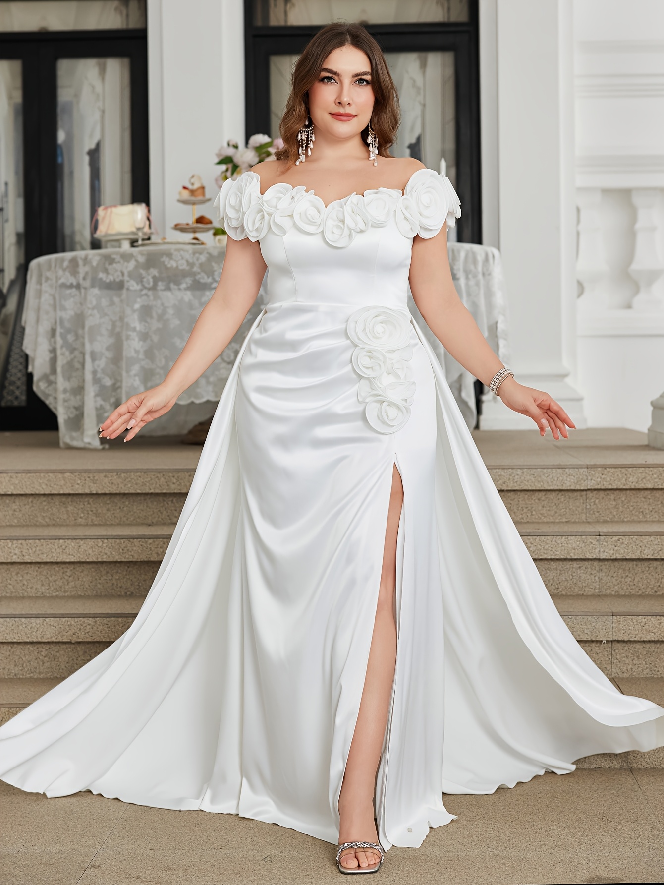 Plus Size - Plus Size - Off-Shoulder Puff Sleeve Waist-Cinching * Slit Maxi  Dress * Gown Evening Dress