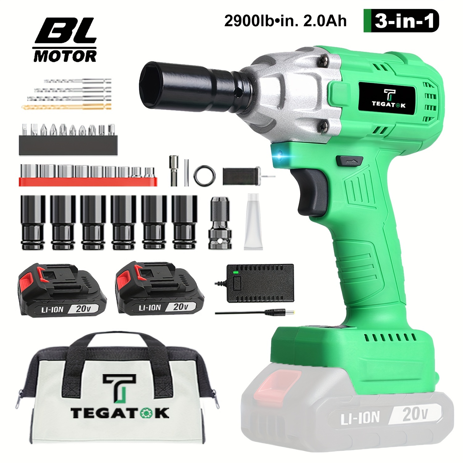 

Tegatok 20v Cordless 1/2-inch Impact Wrench, Father's Day Gift, 320 Nm And 3200 Ipm , Brushless Impact With Battery And Charger, 6 Sockets And Tool Pouch, 3-in-1 Automotive Home Electric Impact Wrench