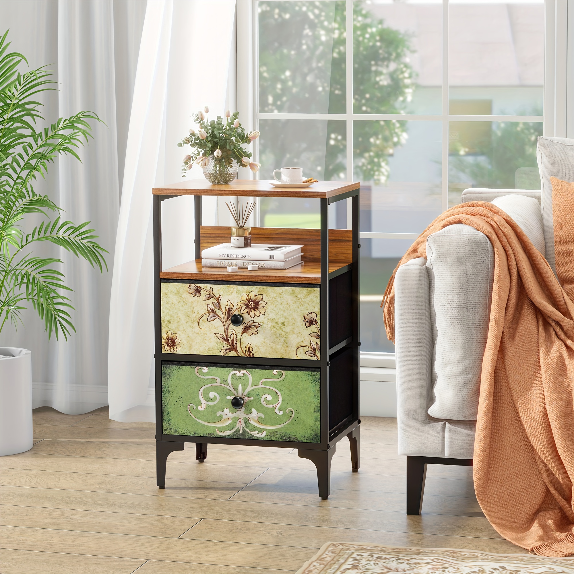 Nightstand Set of 2, Night Stand with Fabric Drawer, Mesh Shelf, Side Table with Storage, Fabric Drawer Dresser, Open Shelf, Metal Frame, Bedroom