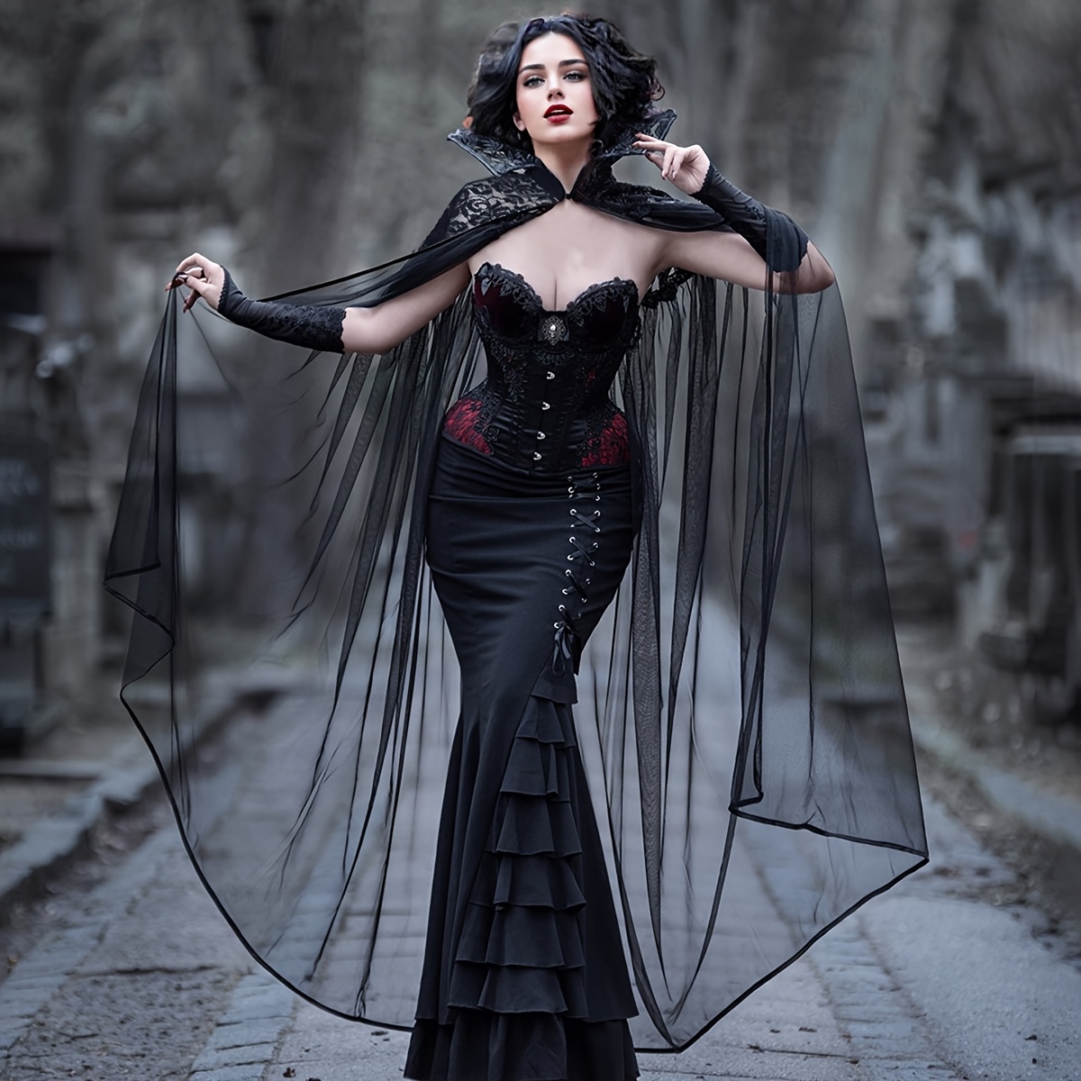 black lace witch dress Gothic Costume Vampire Lace Witch Which Dress Gothic Witch Dress For Women Halloween Costume Cosplay OCCASIONWEAR Women's size:14 Summer Beach Halter Asymmetrical 4% Elastane