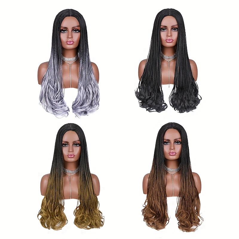 elegant full lace box braided wigs for women 26 inch goddess braids with curly ends high temperature fiber glueless long braided lace wig suitable for all