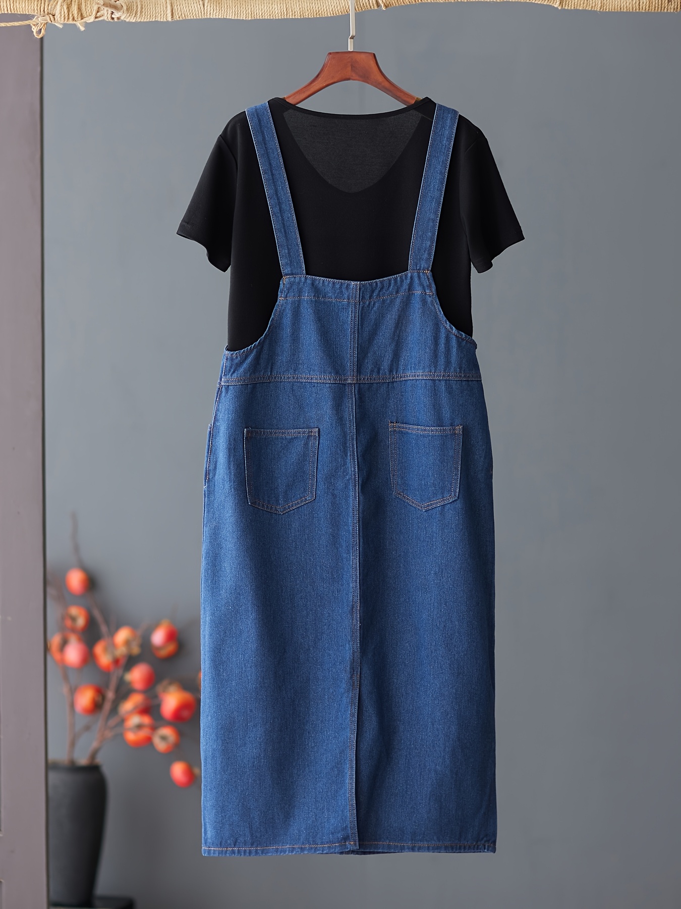 Women&*;s Black Denim Overall Dress Loose Fit, Long Skirt with Pockets,  /Polyester Blend Spring/Summer/Fall Style Dress Jumper Dress - Main Image