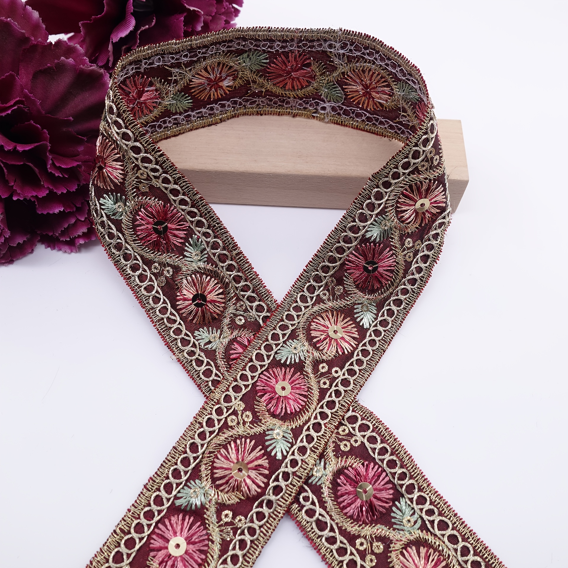 TEMU Pizzo ricamato da 3,7 cm | con paillettes dorate, design vintage per decorazioni domestiche, artigianato, abbigliamento, decorazioni natalizie e