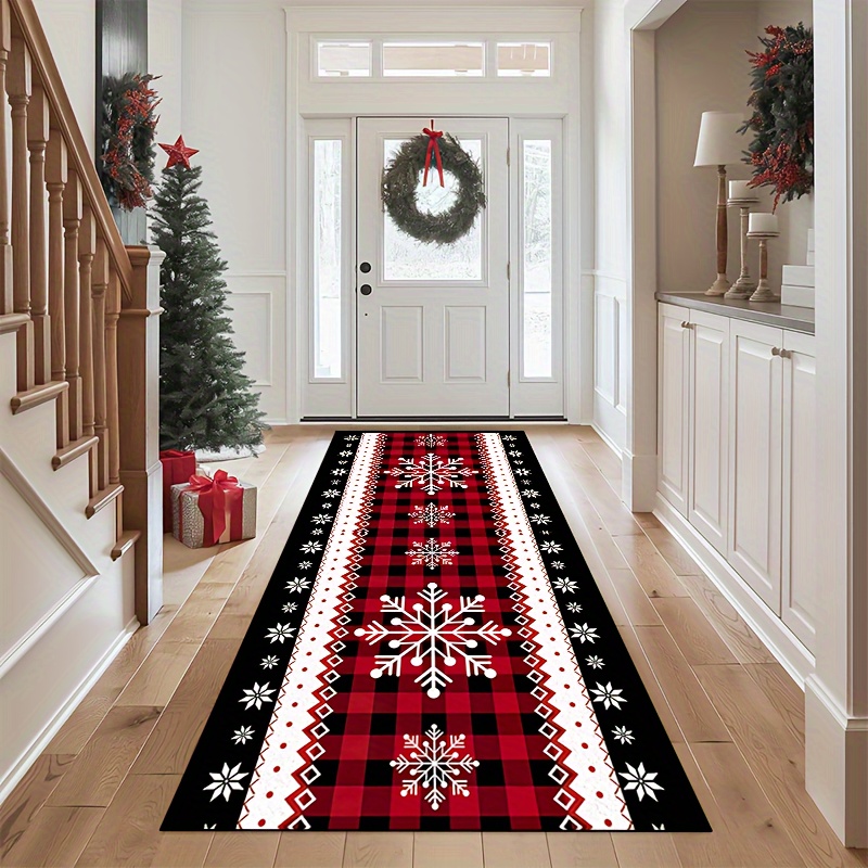 1pc festive christmas snowflake runner rug non slip polyester tapestry machine washable rectangular holiday decor for entryway living room bedroom outdoor patio garden black and red grid design details 4