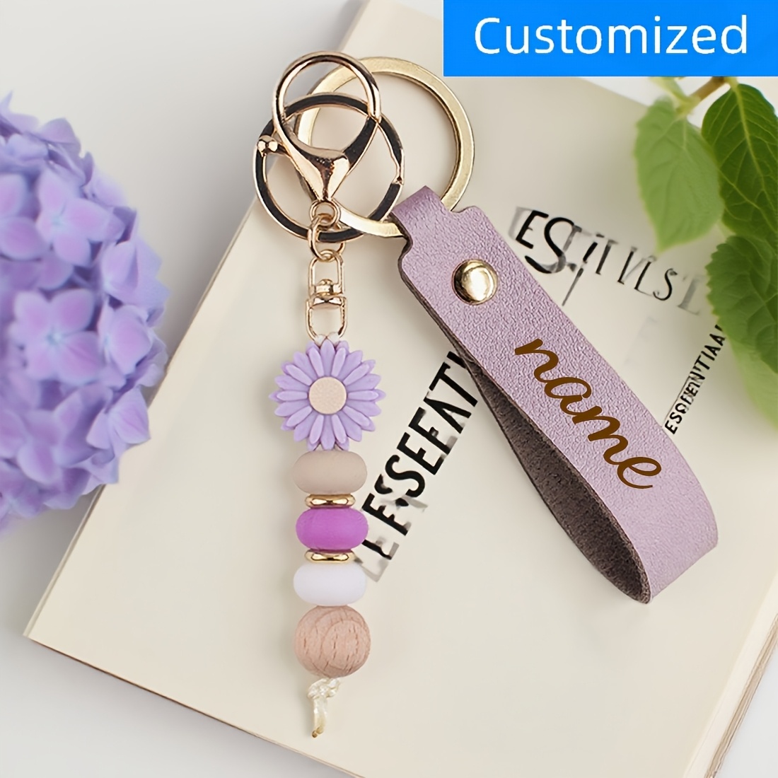 TEMU Custom Daisy Beaded Keychain Personalized Lettering Name Flower Key Chain Handmade Beaded Design Bag Pendant Exquisite For Niche Gifts Suitable