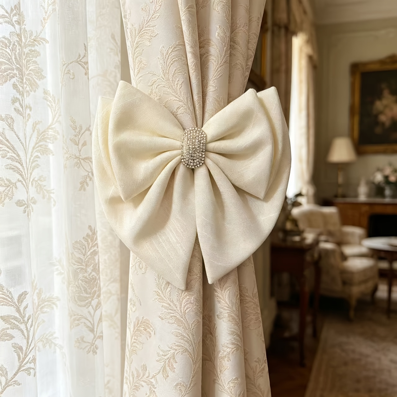 TEMU Ribbons de Nouage à Nœud Papillon Strass Scintillants de Luxe - Élégants Attaches en Tissu pour Rideaux de Fenêtre de Salon et Chambre, Stores,