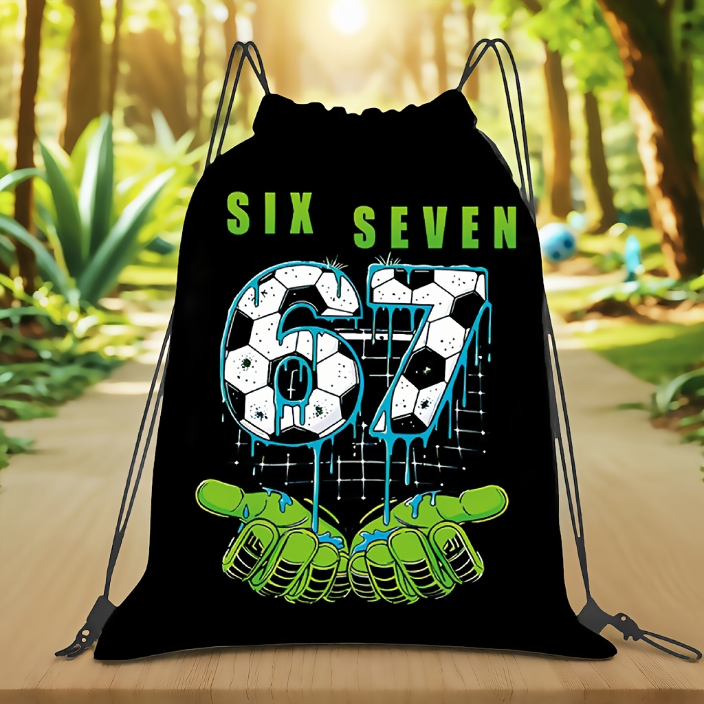 TEMU 1pc Fun Number 67 Trendy Meme Drawstring Backpack, Gym Bag With Soccer-themed 67 Number Pattern, Lightweight And Foldable With Drawstring