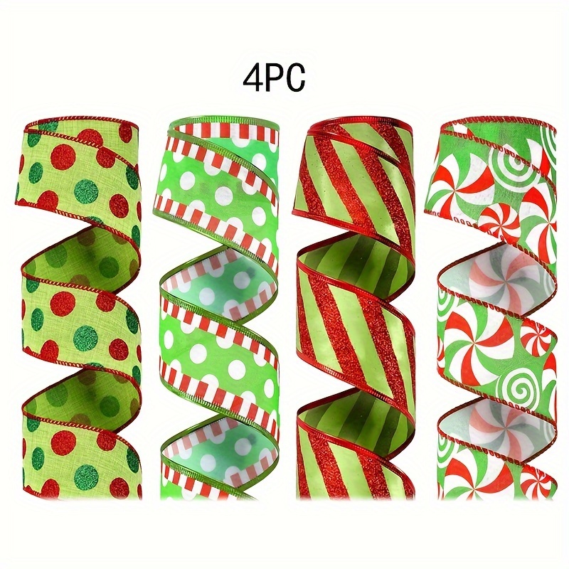 TEMU 4 Rolls Of 2.5-inch Christmas Green And Red Ribbon With Wired Edges, Featuring Sparkling Stripes And Polka Dots, Perfect For Festive Wreaths,