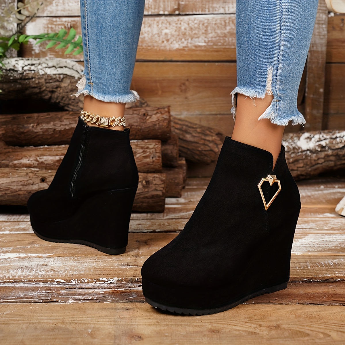 black wedge dress boots Winter Autumn Handmade Mid Calf Round Toe Platform Boots — Obiono main image 0