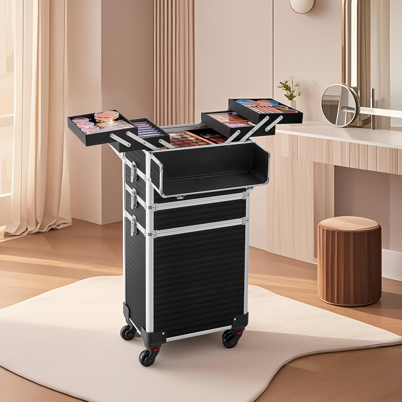 TEMU Trolley de Cosmétique, Mallette Cosmétique à 4 Niveaux Verrouillable sur Roulettes, Cadre en Aluminium, 35.7 X 27 X 81 Cm