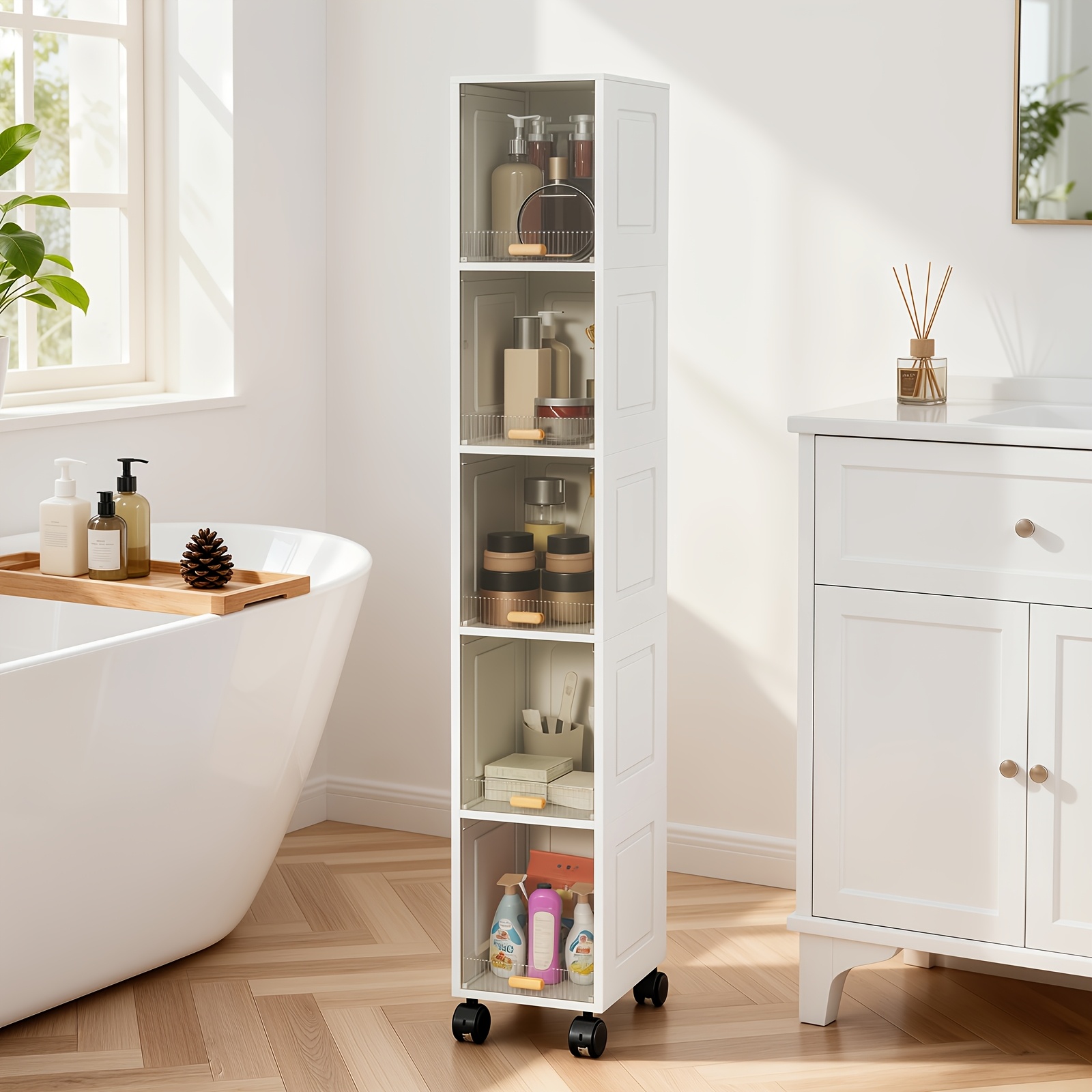 TEMU Ultra-thin Narrow Bathroom Storage Cabinet | Floor Storage With Drawers And Handles, Suitable For Small Spaces, Laundry Rooms, Kitchens,