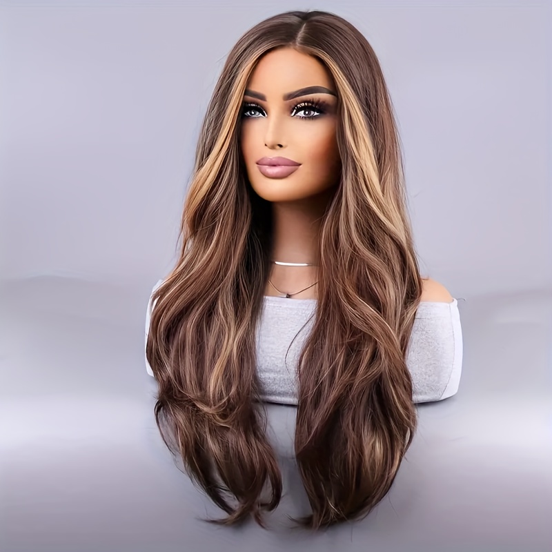 TEMU 26-inch Brown Hair Mixed With Brown Golden Embellishing Wig For Women, A Long Curly Wavy Synthetic Wig For Everyday Parties