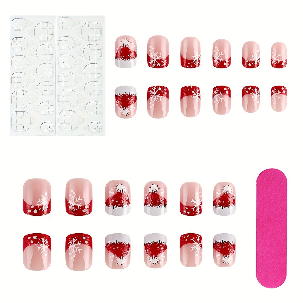 24pcs/set Pink Short Square Press-on Nails, Christmas Hat Snowflake Design False Nails, Sweet Easy Wearable Nail Set, With Clear Jelly Glue And Buffer