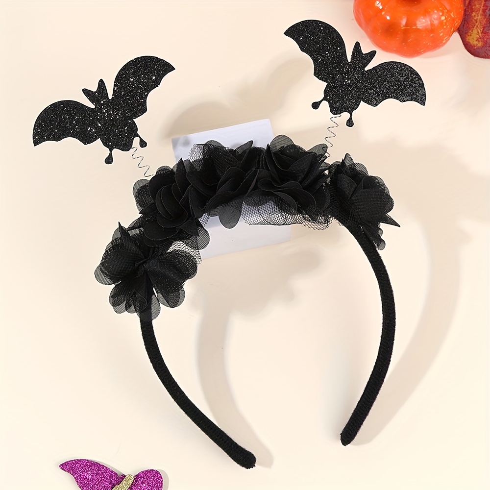 TEMU 1pc Halloween Bat Headband For Party Decor Black Tulle Bow Hair Accessory With Bat Decor Glitter Headpiece For Halloween Costume