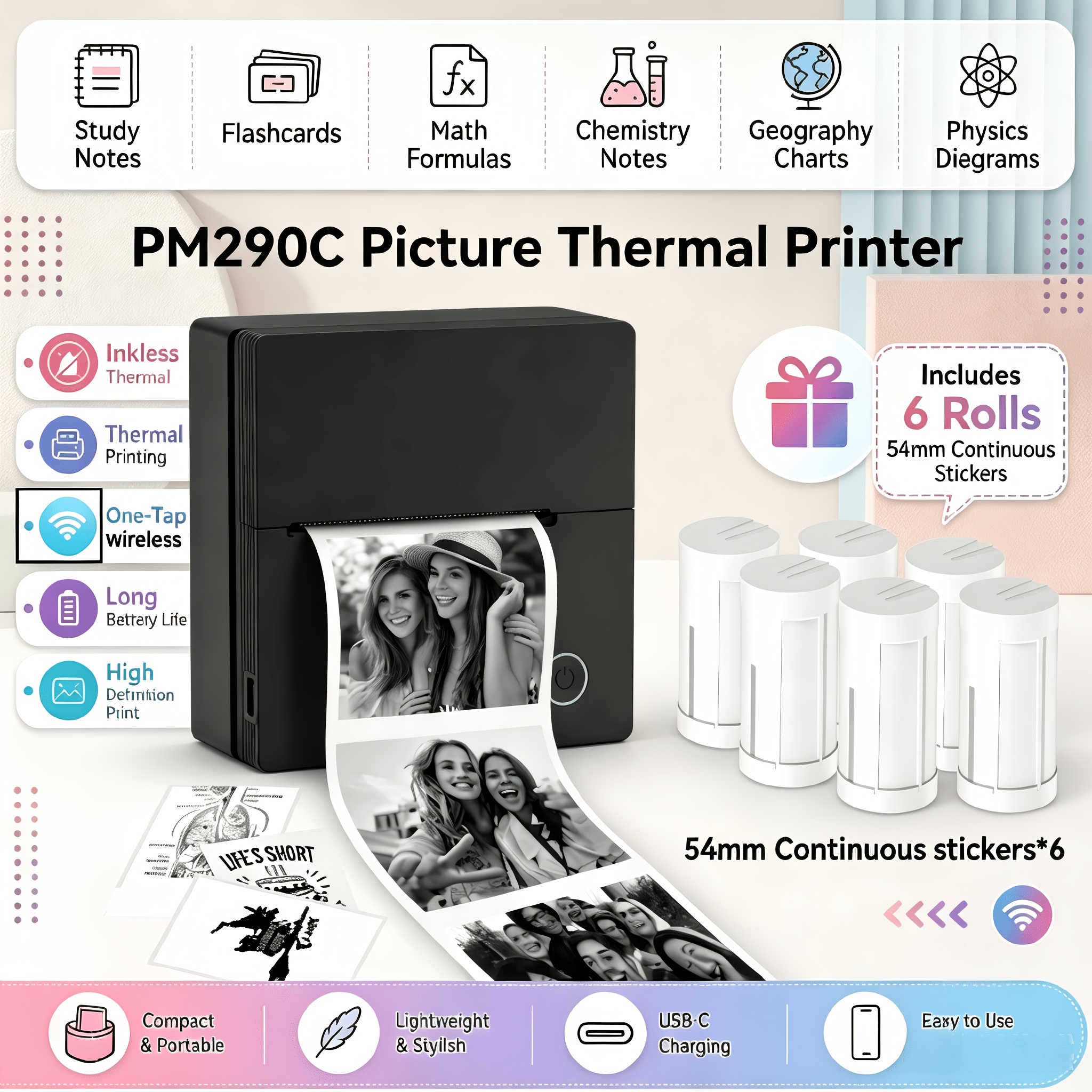 Image of Pm290cb Portable Mini Photo Printer - 2-inch Wireless Inkless Pocket Image Maker With 6 Rolls Of Paper, Retro B&w Picture And Sticker Printer For Journaling, Scrapbooks, And Gifts