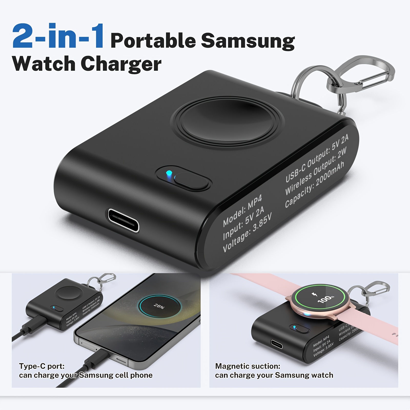 TEMU Portable Wireless Charger For Galaxy Watch, 2000mah Magnetic Keychain Power Bank, Fast Charging Travel Charger For Galaxy Watch 7/ultra/6
