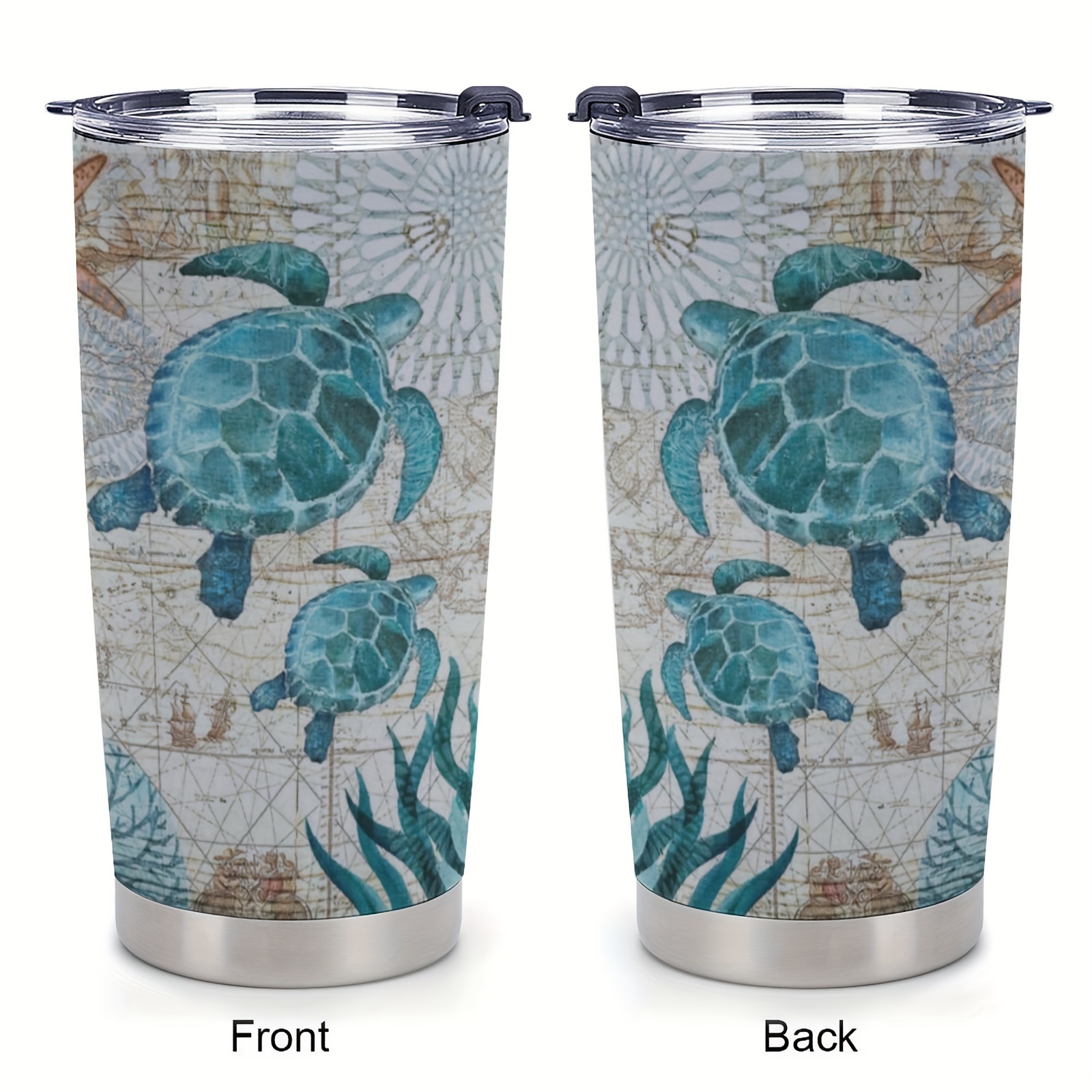 

1pc 20oz Beach Themed Turtle Tumbler Cup, Insulated Vacuum-insulated Travel Coffee Mug With Lid For Women,