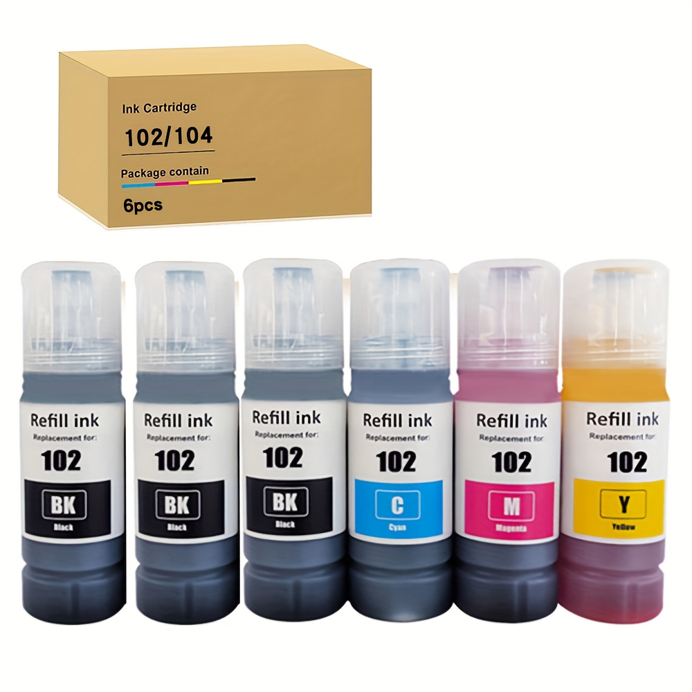 Image of 102 104 Refill Ink Compatible Et-4810 Et-2811 Et-2812 Et-2814 Et-2700 Et-2750 Et-2751 Et-2870 Et-2856 Et-2814 Et-2815 Et-2756 Et-2820 Et-4800 Printer(6 Of Pack)