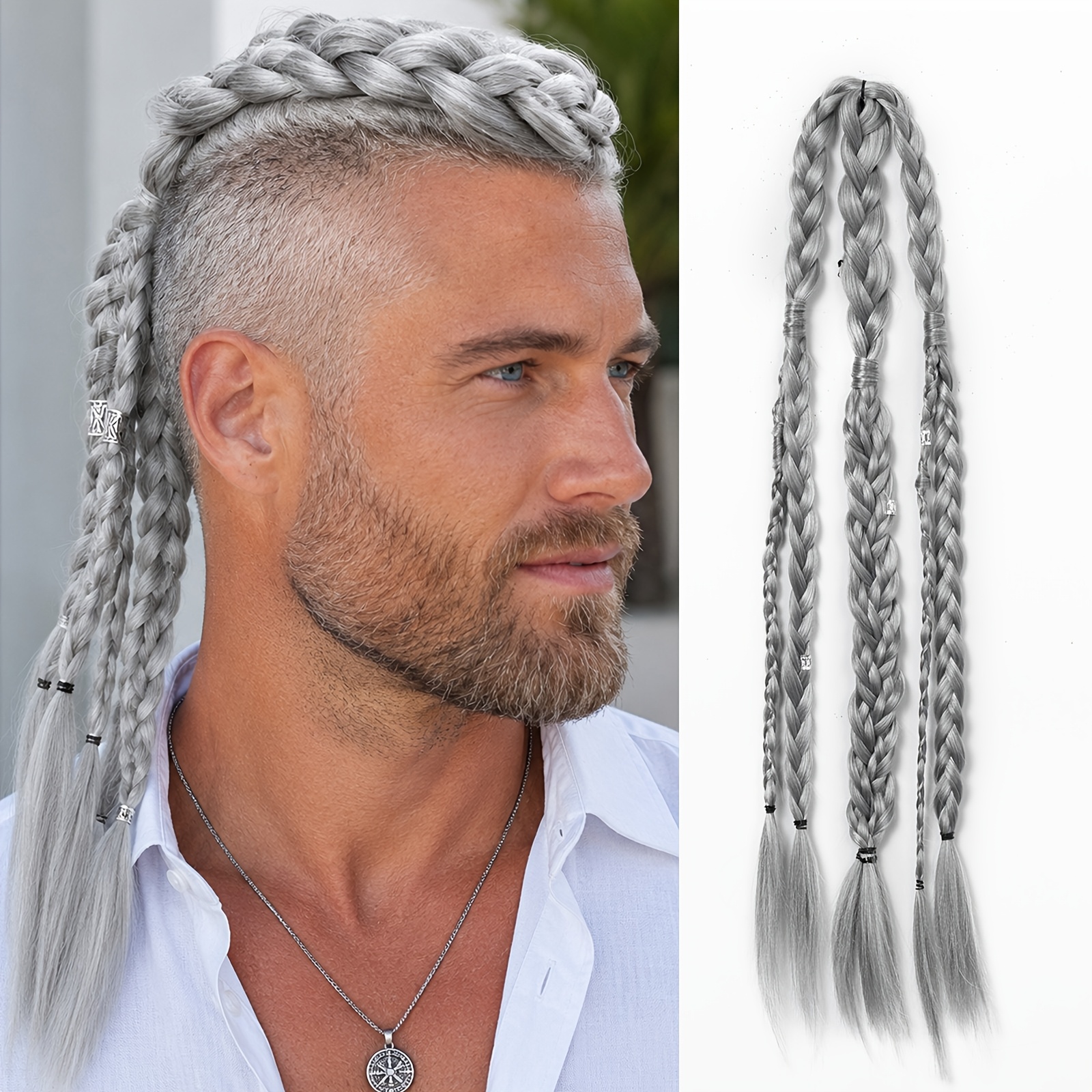Image of Viking Hair Extensions For Men 24" Handcrafted Clip In Braided Ponytail Hairpiece For Halloween Viking Costume Renaissance Warrior Additions
