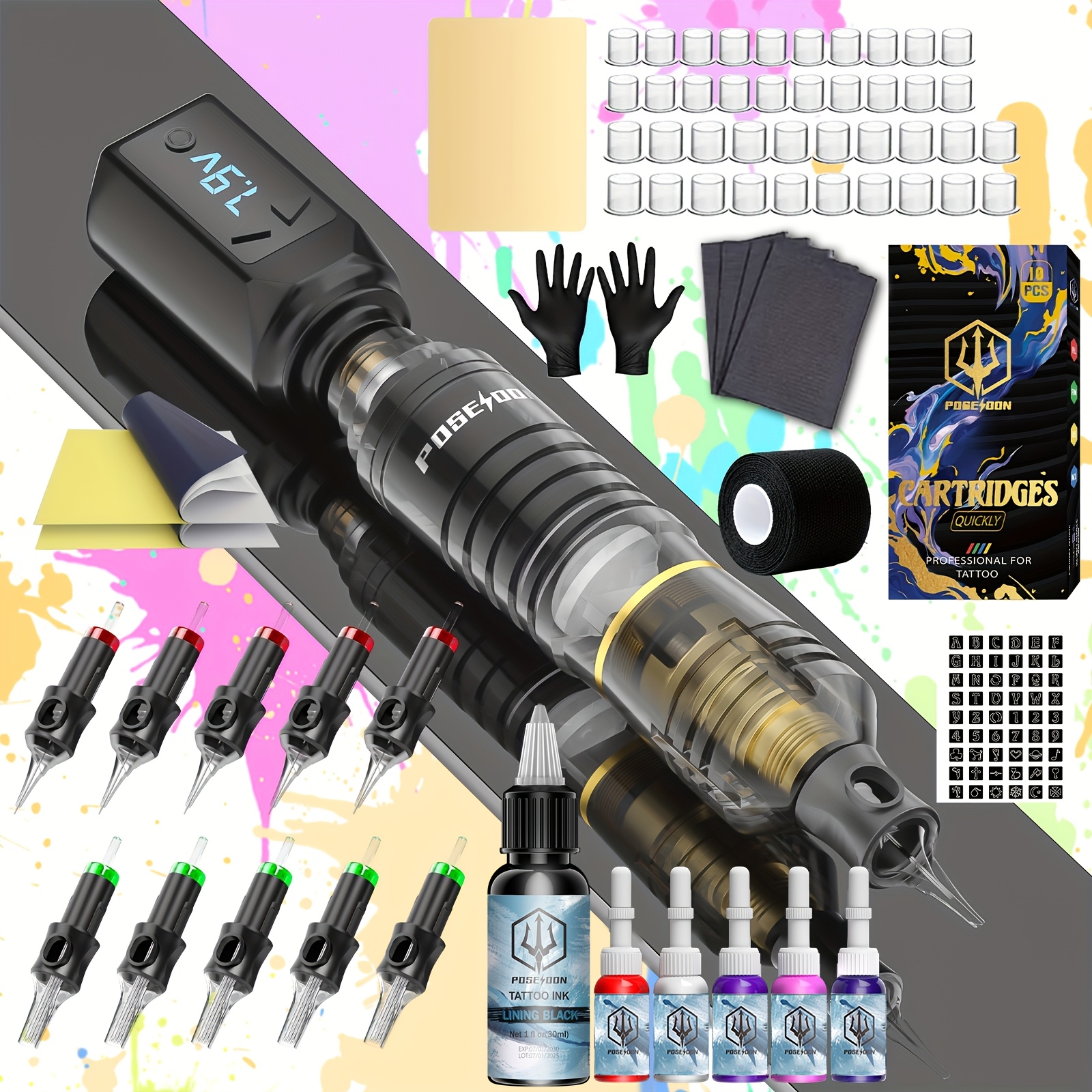 Poseidon Complete Rotary Tattoo Machine Kit With Digital Display & 1200mah Battery - Cordless Wireless Tattoo Gun With 10 Needles & Cartridges Complete Tattoo Kit 6 Inks Tattoo Supplies For Beginner