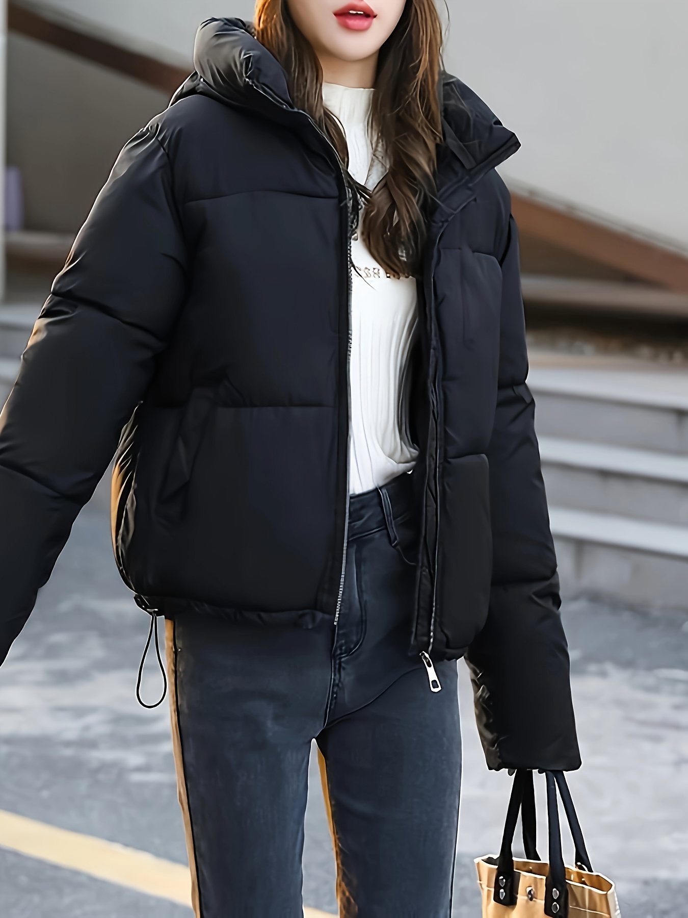 new european short solid color womens pocket jacket thick - Temu