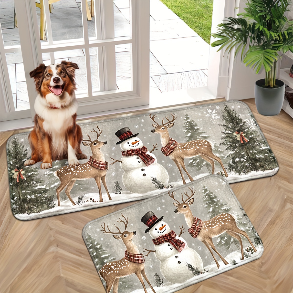 

1pc Christmas Snowman And Reindeer Door Mat - Non-slip, Machine Washable, Rectangular Knitted Polyester Indoor Rug For Entryway And Front Door Decor