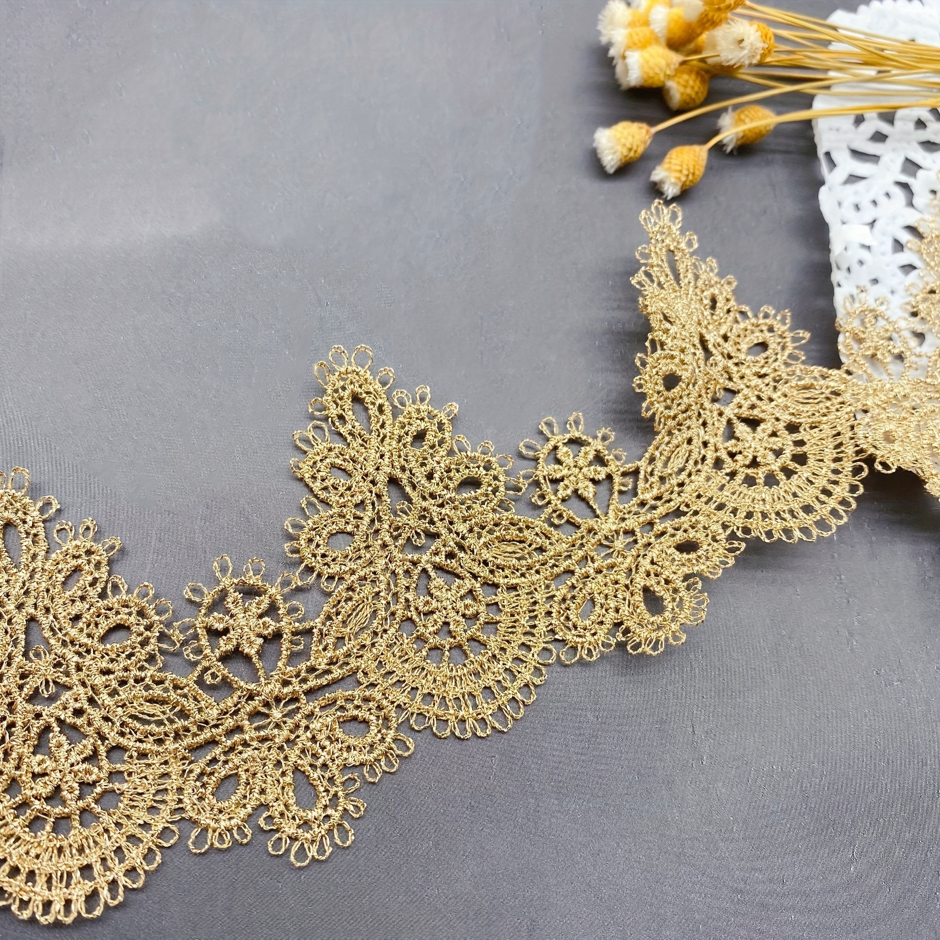 

Golden Embroidered Water-soluble Lace Trim, 2 Yards - Elegant Floral Pattern For Diy Gift Packaging, Dolls, Bridal Gowns, Apparel, And Home Decor