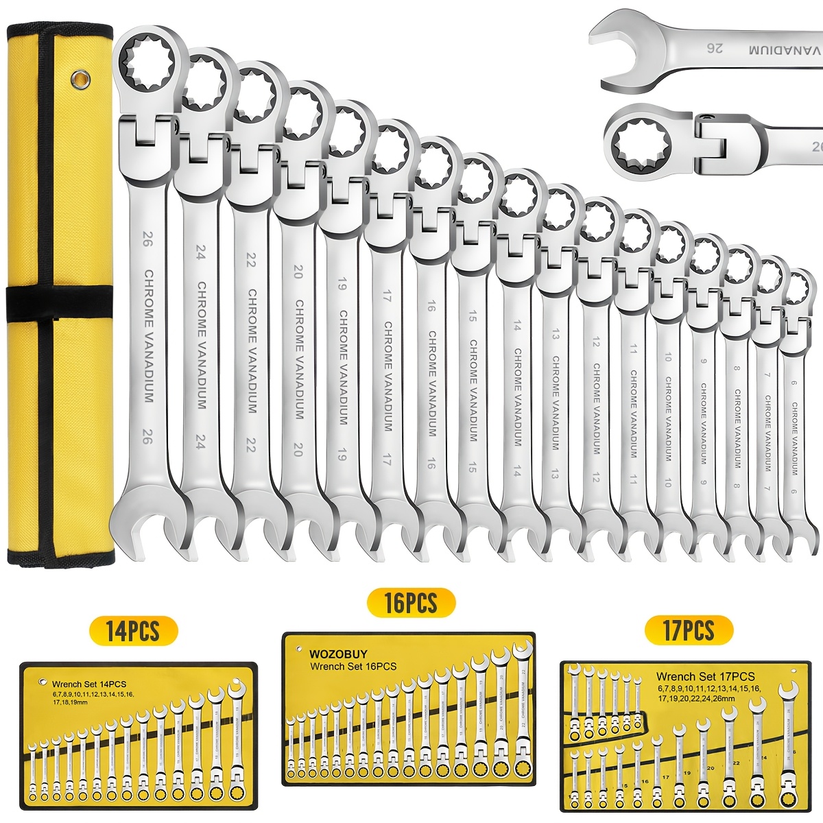 

14pcs/16pcs/17pcs Flex-head Ratchet Wrench Set, 6-26mm, 72 Teeth, Constructed Combination Ended Kit With With Rolling Pouch