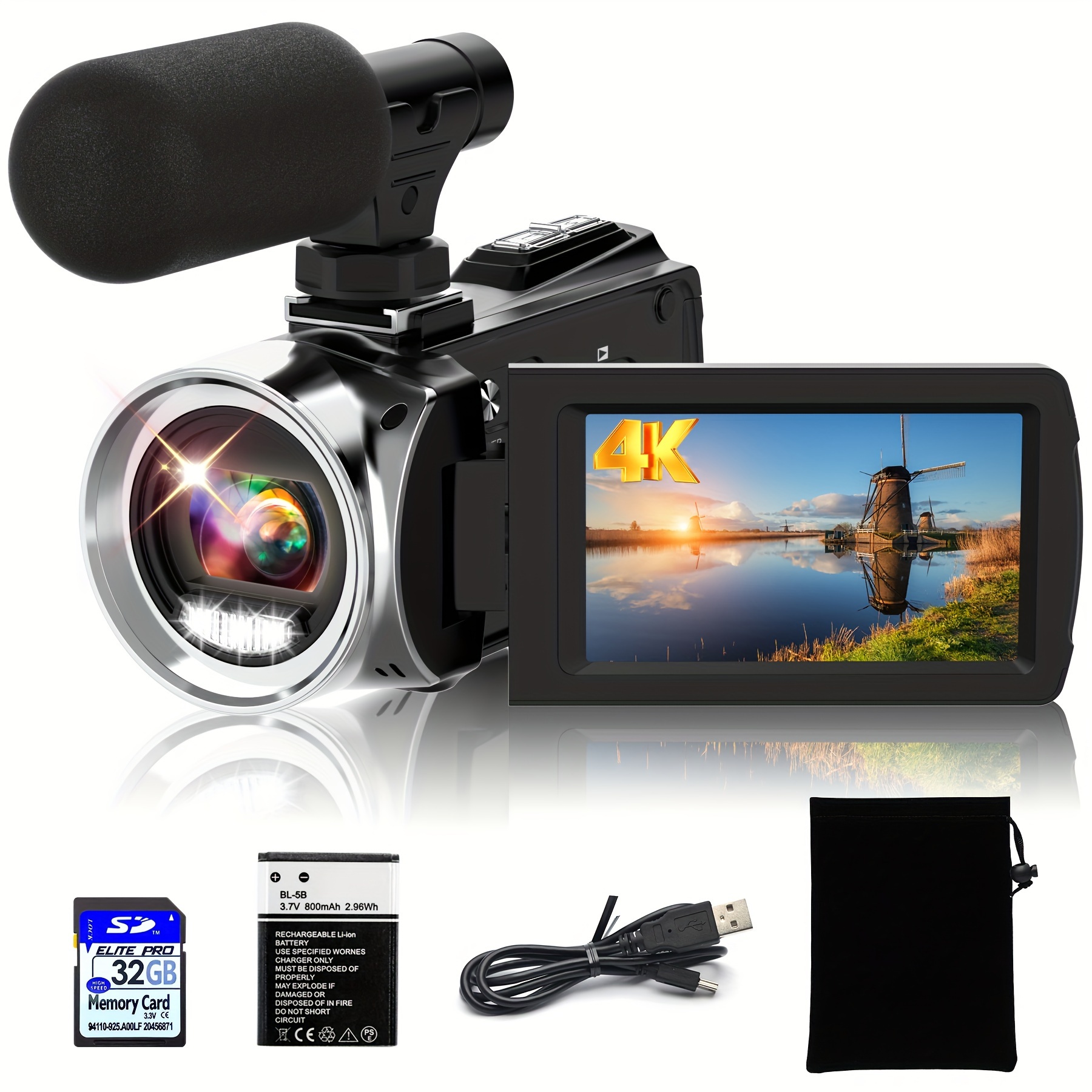 video kamera tam hd 4k 36mp vlog çekici,   kamerası, 3.0 lcd ekran ve 32gb hafıza kartlı