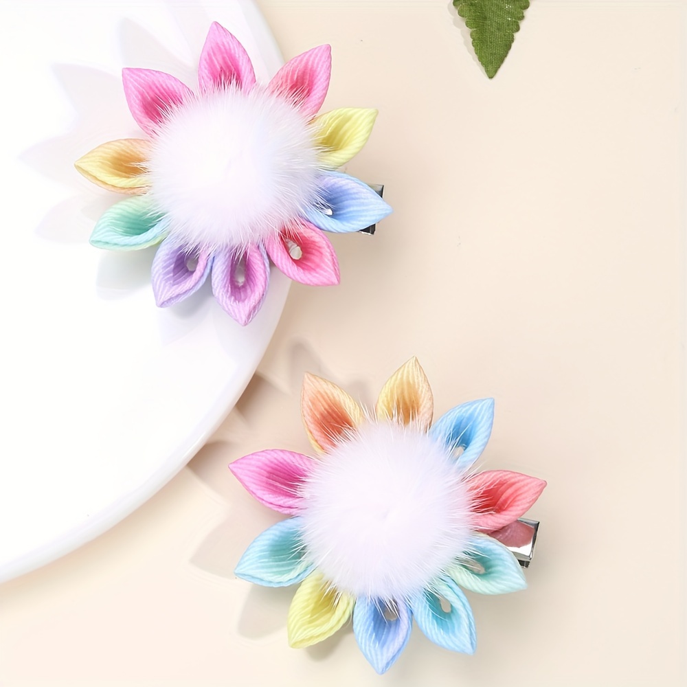 Image of 2pcs Cute Floral Pompom Hair Clips For Chic Grosgrain Ribbon Polyester Hair Clips For Wear Stylish Hair Additions For Gifts