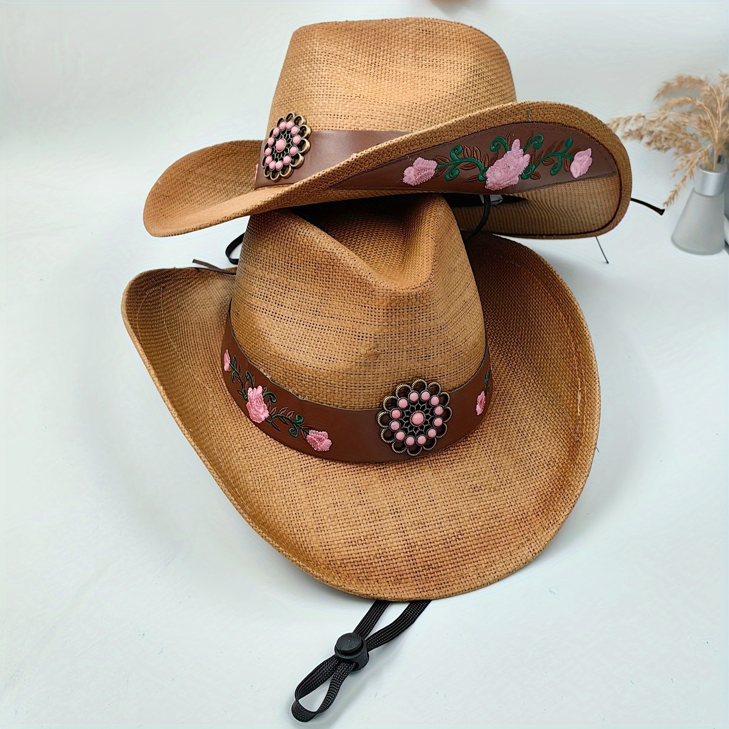 Retro Western Cowboy Style Sun Hat, Bucket Hats with Large Brim for Sunshade, Sunscreen, and UV Protection. Includes Windproof Rope for Outdoor