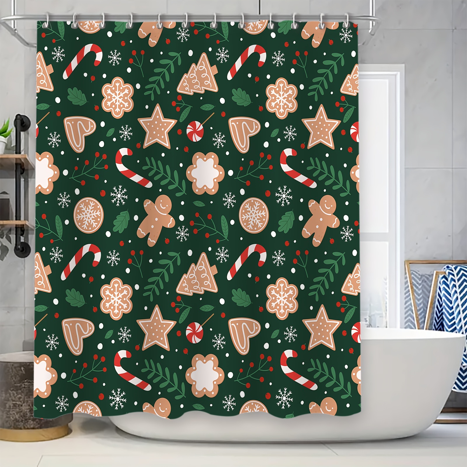 

Festive Gingerbread Christmas Shower Curtain Set With Toilet Seat Cover And Bath Mats - 180cm/70.8inch