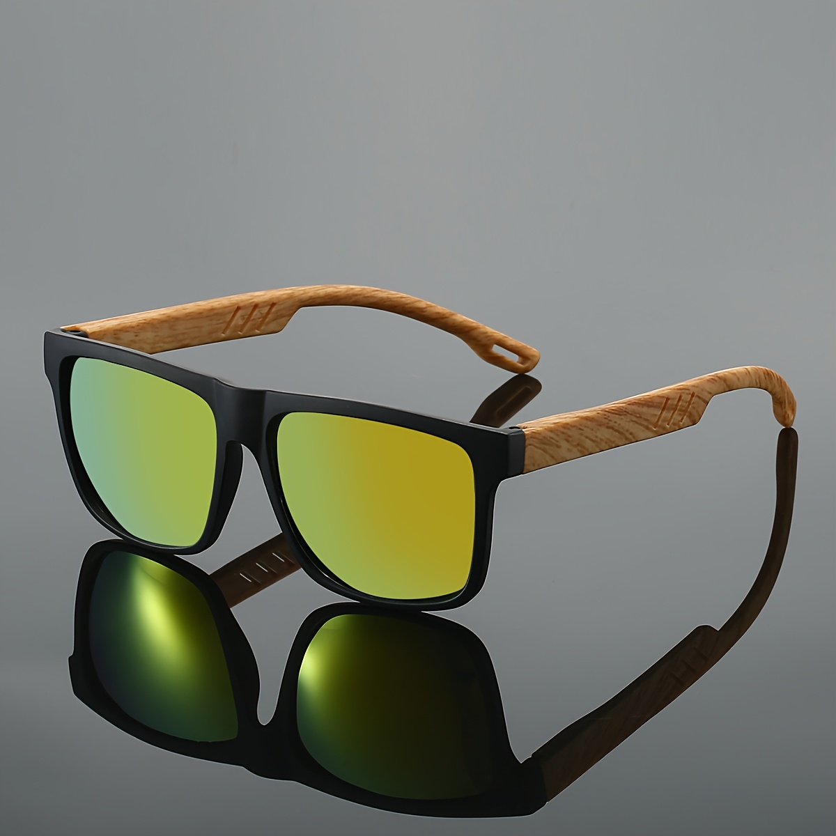 

1pc Sporty Square Fashion Glasses With Vintage Wood Grain - Lightweight , Green-tinted Lenses For Cycling & Outdoor Parties